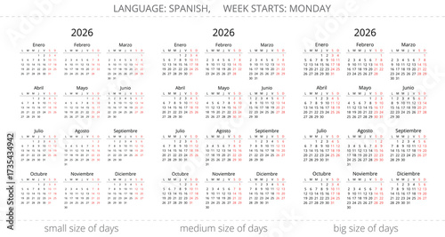 2026 spanish simple calendar. Vector illustration for Spain with different size days