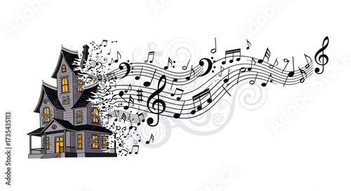 Haunted House Emitting Musical Notes and Melodies, Generative AI.