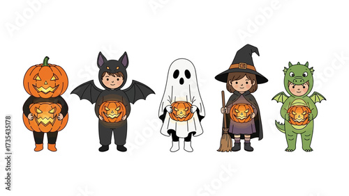 Halloween Costume Parade: A charming illustration showcases a delightful collection of children dressed in festive Halloween costumes, each holding a jack-o'-lantern.