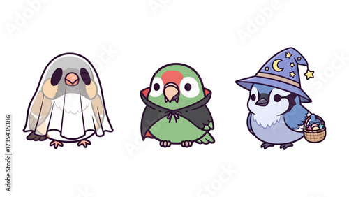 Spooky avian costumes: A trio of charming birds don festive halloween costumes. capturing a heartwarming blend of cuteness and holiday spirit.