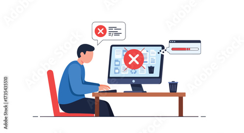 Digital workspace with error messages indicating technical issues and user frustration in a modern office environment