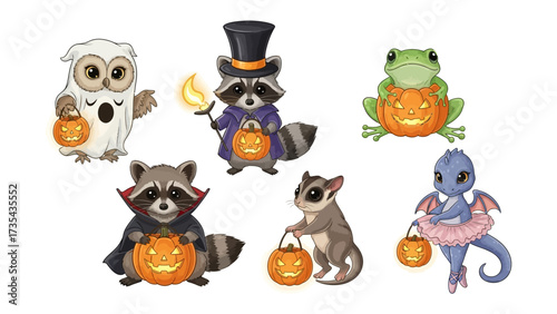 Whimsical Halloween Creatures: A captivating collection of animated forest friends, playfully attired in Halloween costumes, bearing jack-o'-lanterns, bringing an aura of mystery and excitement.