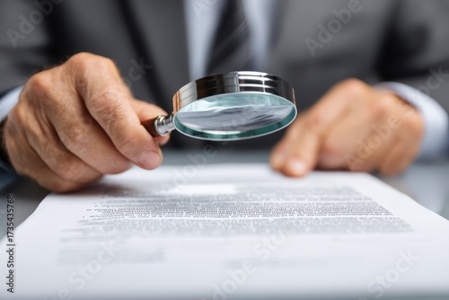 Document Inspection Under Magnifying Glass: A professional hand, dressed in formal attire, meticulously examines a document with a magnifying glass, signifying deep scrutiny and thorough analysis.