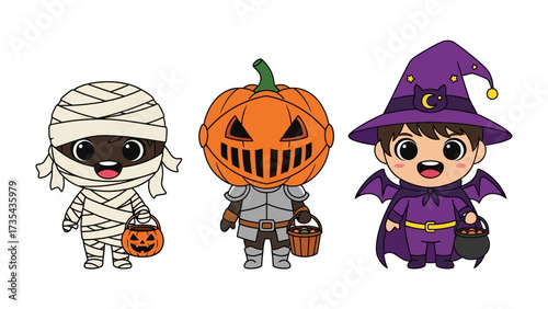 Halloween Trio: Delightful cartoon characters, dressed as a mummy, a jack-o'-lantern, and a charming little sorcerer, joyfully celebrate the spirit of Halloween.