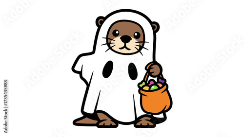 Otter in Halloween costume : An adorable otter dressed up as a ghost for halloween, holding a bag full of sweets, ready for trick or treat. 