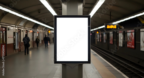 Mockup of vertical blank white billboard in modern subway railway station, large display with metallic wall - branding, digital advertisement, template, backdrop, empty space concept
