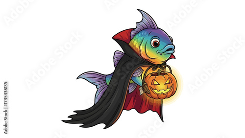 Spooky Costume Fish: A vibrant illustration depicts a fanciful fish clad in a vampire cloak, bearing a glowing jack-o'-lantern, blending Halloween spirit with aquatic charm.