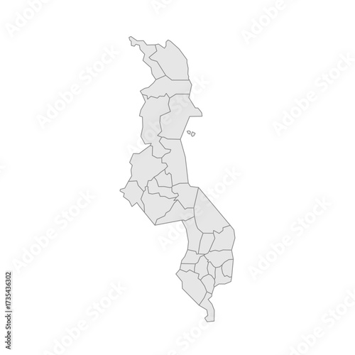 Malawi political map of administrative divisions - districts. Grey blank vector editable map EPS.