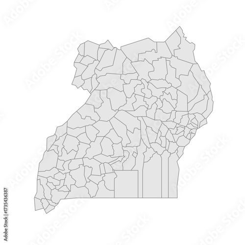 Uganda political map of administrative divisions - districts. Grey blank vector editable map EPS.