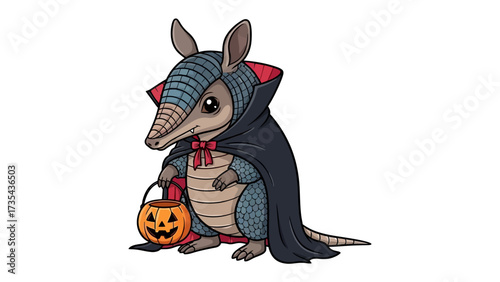 Armadillo's Halloween Costume: An adorable armadillo in a cartoon illustration wears a vampire costume, carrying a pumpkin trick-or-treat pail.