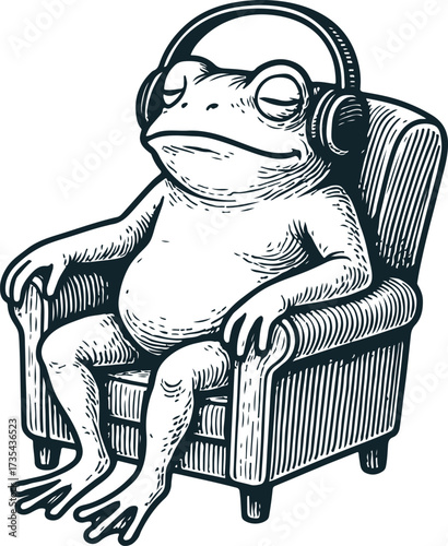 A frog sits in a chair and enjoys listening to music on headphones. A cute style engraving. Vector illustration.