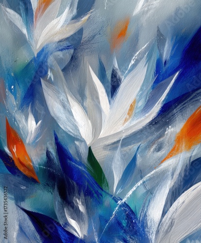 Serene floral essence: The image unveils a tranquil scene, portraying a cluster of delicate white blossoms, artistically painted with broad brushstrokes and a calming palette of blue and orange. 