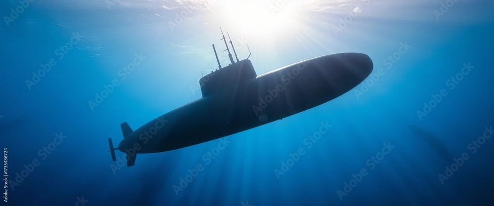 Fototapeta premium Submerged submarine silhouetted against shafts of sunlight penetrating the ocean depths, sunbeams, image