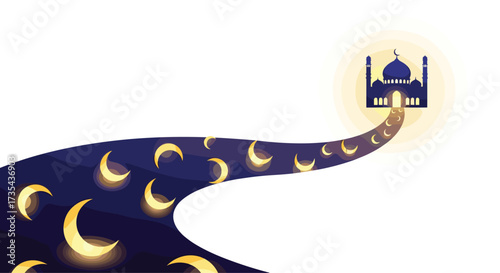 Islamic mosque illuminated at night with crescent moons leading the way, Generative AI.