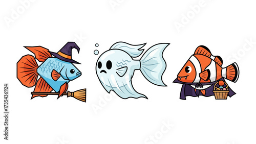 Halloween Fish Parade: Festive illustrations of aquatic creatures dressed in playful Halloween costumes, depicting the fun and spirit of the holiday with a comical touch.