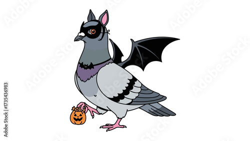 Halloween Pigeon Costume: A whimsical illustration of a pigeon dressed up for Halloween in a creative bat-themed costume, carrying a pumpkin treat bag, all designed with a delightful artistic style.