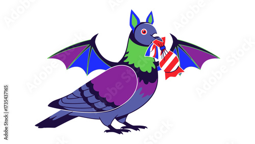 Mysterious Creature: A creatively illustrated hybrid creature combines the characteristics of a pigeon and a bat, holding a fabric item in its beak, set against a background of white.