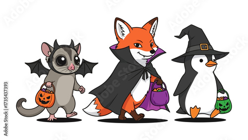 Halloween Friends' Festive Trio: An adorable cartoon captures a trio of friends dressed in festive halloween costumes, sugar glider with bat wings and pumpkin basket, fox in a cape and bag.