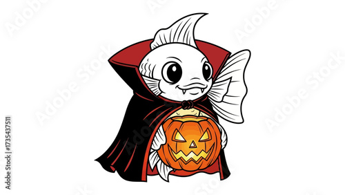 Spooky Aquatic: A unique illustration, a jovial fish, reimagined in a playful Halloween costume holding a carved pumpkin