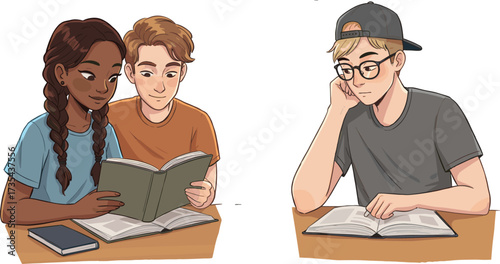 Students reading together in library, group study session, learning teamwork, education concept, academic preparation, focused reading, diverse learners, school environmentstudy habits
