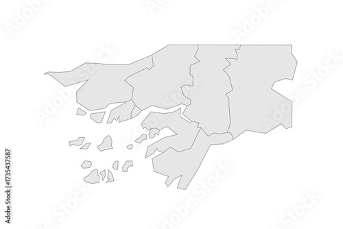 Guinea-Bissau political map of administrative divisions - regions and autonomous sector of Bissau. Grey blank vector editable map EPS.