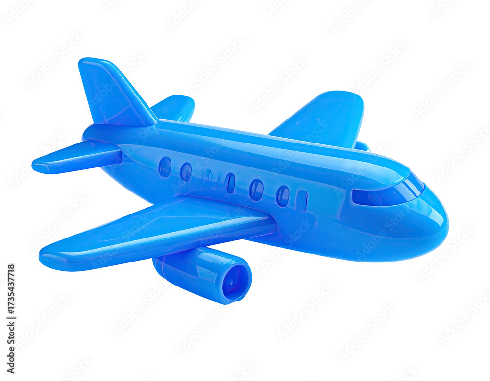 Fototapeta premium A vibrant blue plastic toy airplane against a stark black background