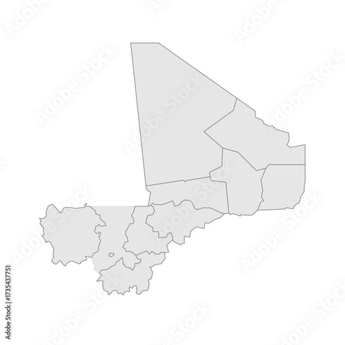 Mali political map of administrative divisions - regions and capital district of Bamako. Grey blank vector editable map EPS.