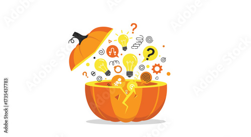 Pumpkin with ideas and lightbulbs exploding out, Generative AI.