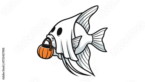 Halloween Angelfish: A whimsical angelfish costume dressed as a friendly ghost, gracefully swimming through a spooky yet charming Halloween scene with a pumpkin basket in its mouth.