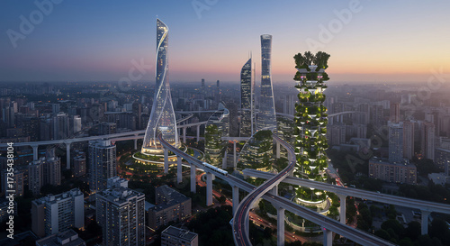 Futuristic Smart City Skyline at Dawn