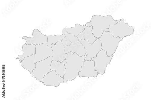 Hungary political map of administrative divisions - counties and autonomous city of Budapest. Grey blank vector editable map EPS.