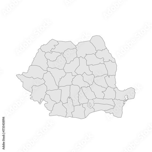 Romania political map of administrative divisions - counties and autonomous municipality of Bucharest. Grey blank vector editable map EPS.