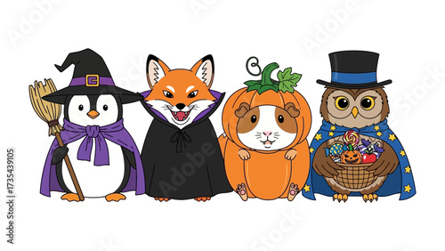 Halloween Animal Parade: A festive illustration featuring four charming animals in Halloween costumes, creating a delightful and whimsical scene filled with spooky fun.