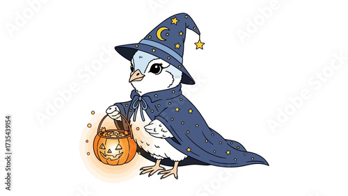 Mystical Avian Halloween: A charming avian dressed as a wizard, complete with a pointy hat and cape, carries a jack-o'-lantern.