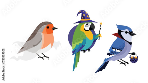 Feathered Friends in Fantasy Attire: A charming trio of birds adorn whimsical garments, ready for a magical journey, each imbued with personality and creativity. 