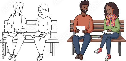 Students sitting on bench, study session, casual outfit, black and white vs color illustration, educational momentbook and paper