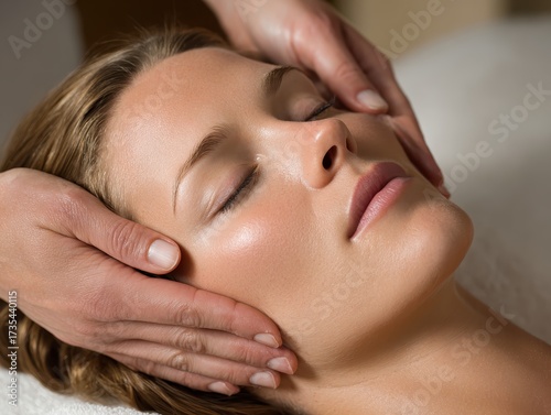 Serene Skincare: A close-up shot captures a moment of pure relaxation as a woman receives a facial massage, highlighting the touch of wellness and the essence of calm.