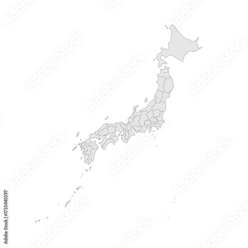 Japan political map of administrative divisions - prefectures, metropilis Tokyo, territory Hokaido and urban prefectures Kyoto and Osaka. Grey blank vector editable map EPS.