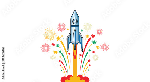 A blue rocket blasting off with colorful fireworks and smoke, Generative AI.