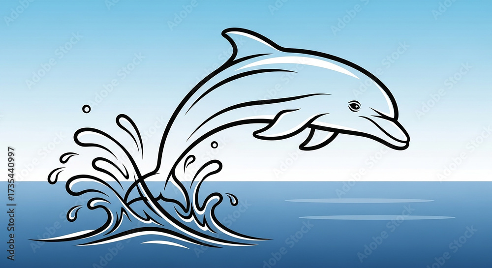Naklejka premium An illustration of a happy dolphin leaping out of the blue ocean water, creating a splash.
