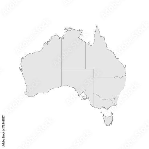 Australia political map of administrative divisions - states and teritorries. Grey blank vector editable map EPS.