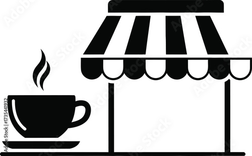 Coffee shop icon with steaming cup and awning