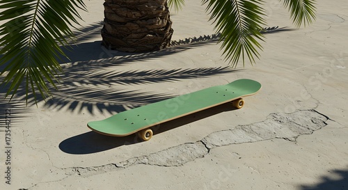 Green skateboard rests on cracked concrete under palm tree shadows