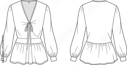 Fashion blouse flat sketch front and back, long sleeve V-neck top with tie waist detail, stylish women’s apparel design illustration