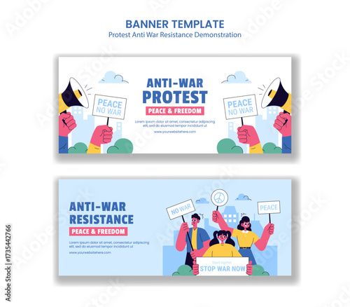 Resistance Demonstration Anti-War Protest Horizontal Banner Cartoon Hand Drawn Template Background