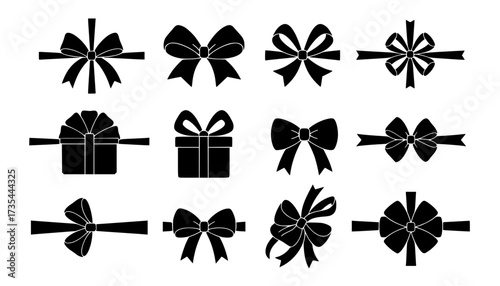 Ribbon bow gift black silhouette icon vector set
