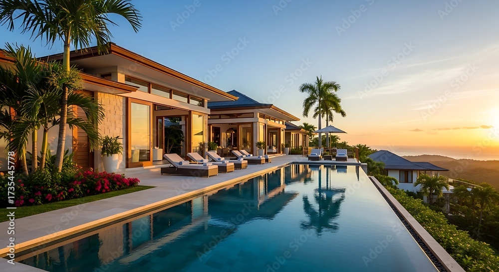 Fototapeta premium Connectivity luxury villa with infinity pool overlooking tropical landscape at sunset