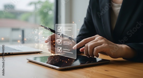 Digital Checklist on Tablet: Businesswoman Completing Tasks