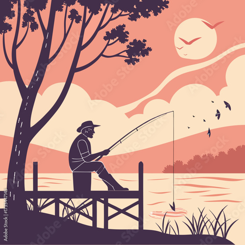Peaceful Evening Fishing on the Lake with Sunset Sky Silhouette of Man on Wooden Pier Surrounded by Nature