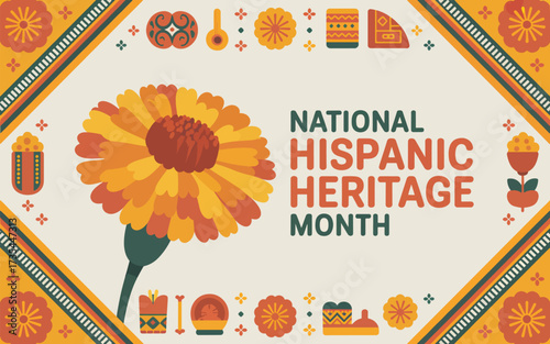 National Hispanic Heritage Month text with floral and cultural motifs